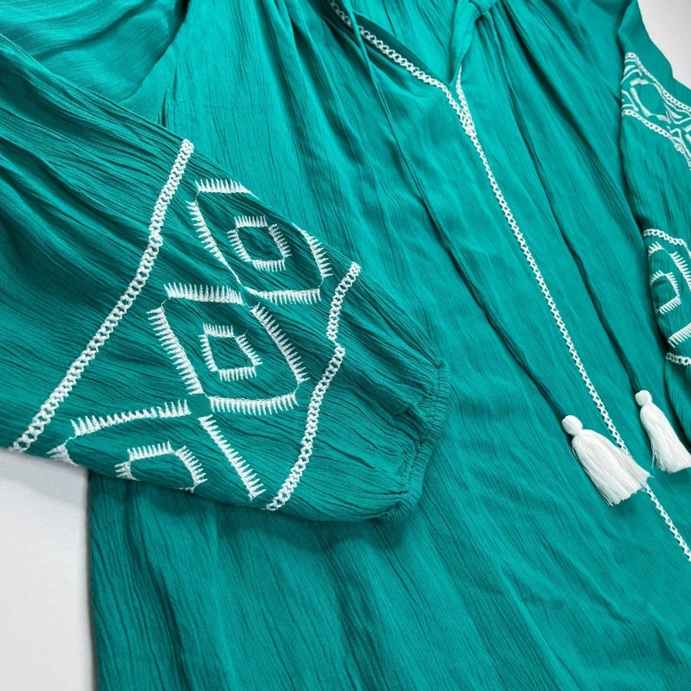 Lane Bryant Teal Embroidered Peasant Blouse Tassel Tie Top Size 18 Boho Rayon - Picture 3 of 13